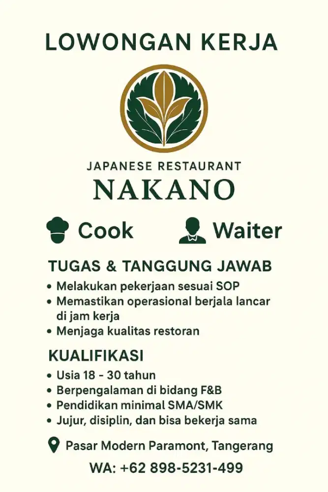 Dibutuhkan waitres & cowok kitchen segera (urgent)