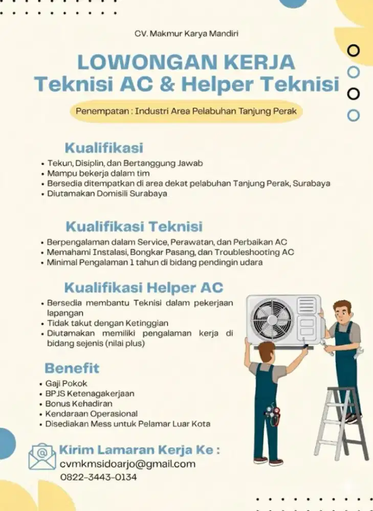 Lowongan kerja teknisi AC  dan Helper