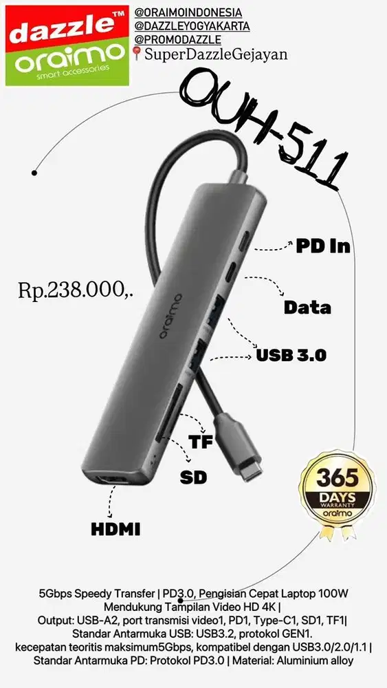 USB Hub 7 in 1 Oraimo OUH-511