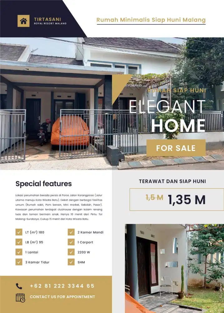 Jual cepat Rumah tinggal LT/LB 180/95 Tirtasani Royal Resort Malang