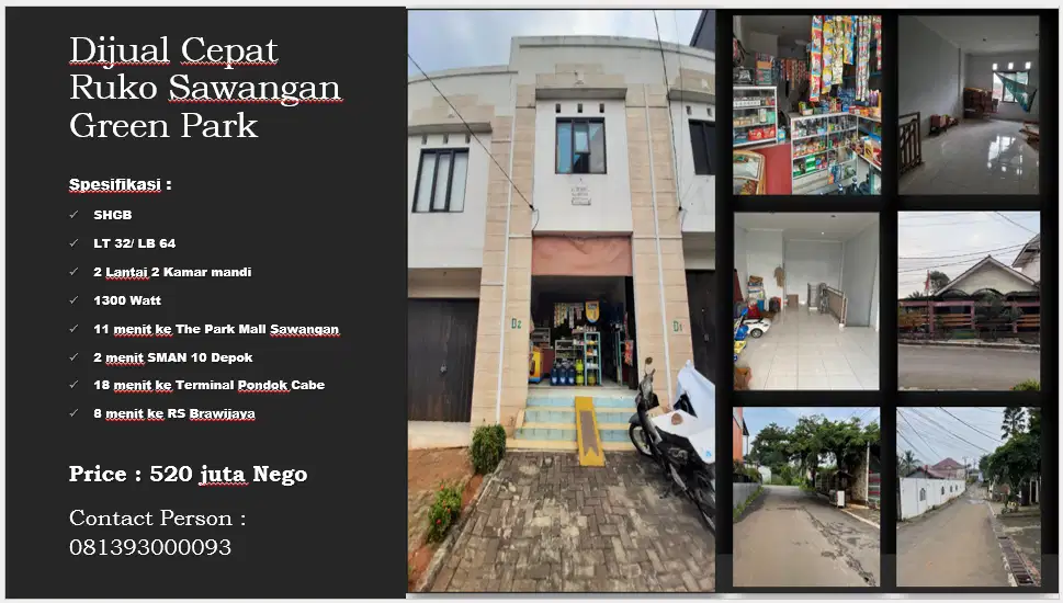 Dijual rugi Ruko 2 Lantai Sawangan Green Park