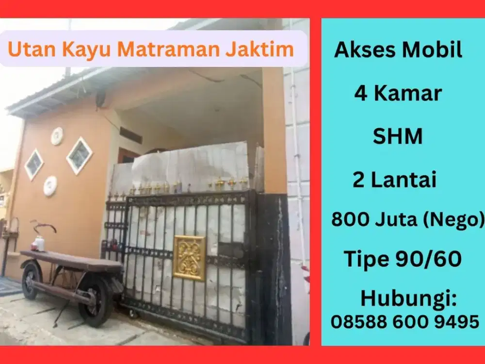 Rumah 2 Lantai Strategis, Utan Kayu Jak-Tim – SHM, Akses Mobil, 800 Juta Nego