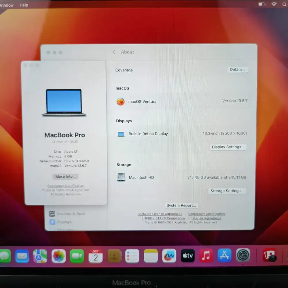 Macbook Pro M1 layar 13 inch Ram 8 Ssd 256 Grey full set touch id off
