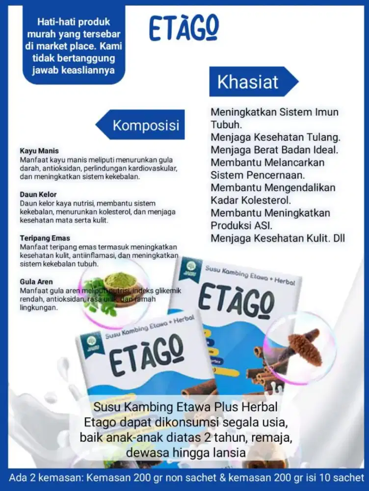 Susu Kambing Etago, Susu Kambing Etawa plus Herbal 200gr