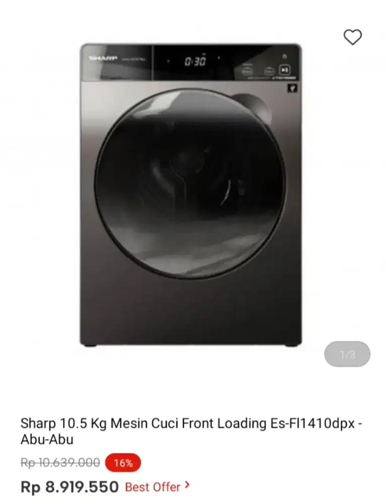 Sharp 10.5 kg mesin cuci front loading Es-FI1410dpx - Abu-Abu