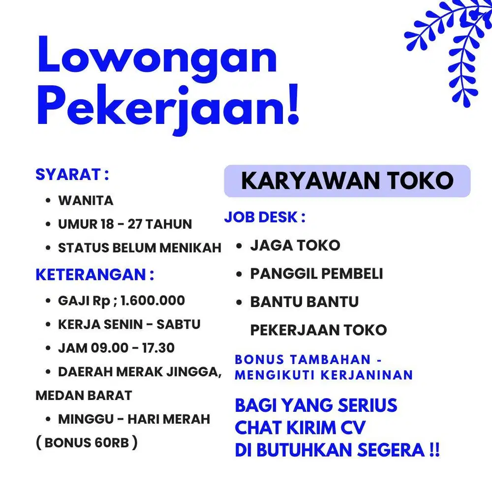 Lowongan Kerja Wanita Medan Karyawan toko