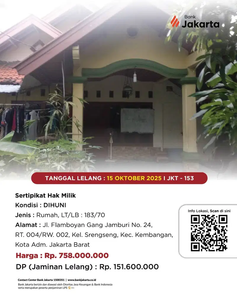 LELANG BANK DKI - DIJUAL VIA LELANG RUMAH JL FLAMBOYAN GANG JAMBURI