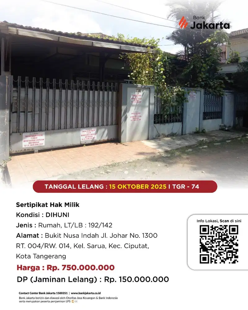 LELANG BANK DKI - DIJUAL VIA LELANG RUMAH PERUM BUKIT NUSA INDAH