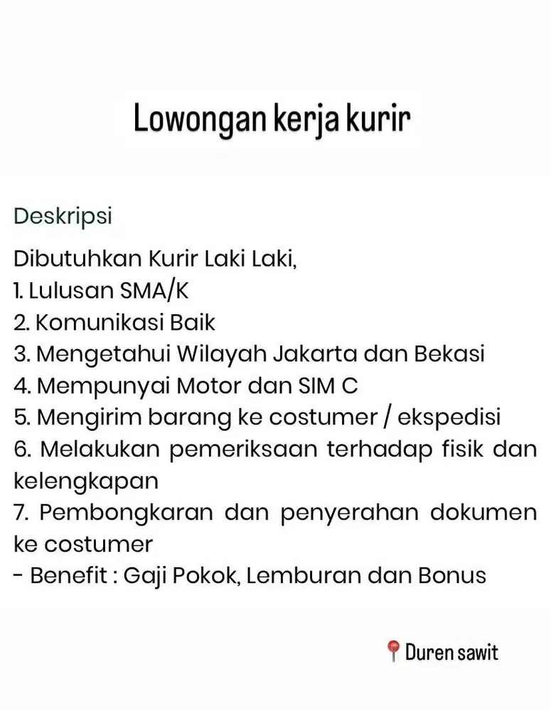 Lowongan pekerjaan kurir area jakarta