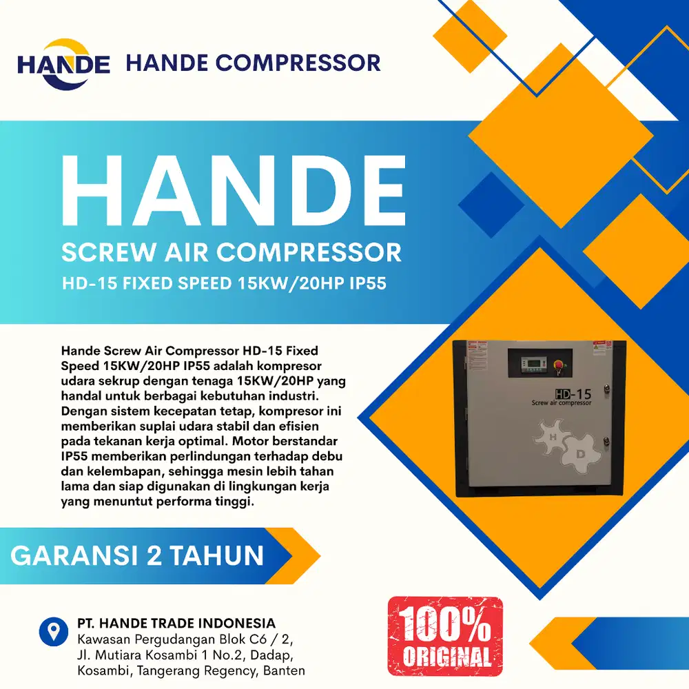 Hande Screw Air Compressor 20HP (HD-15) – Fixed Speed, Garansi Resmi
