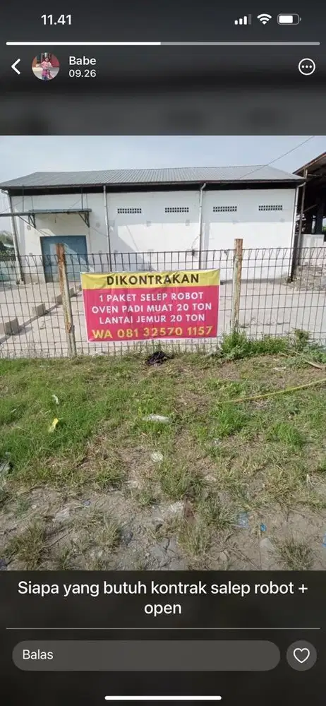 Disewakan bangunan dan mesin selep padi robot dan mesin oven padi