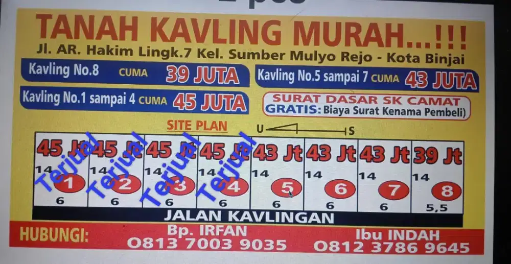 Tanah kavling Murah Binjai lebar 6 X 14mtr CUMA 43juta