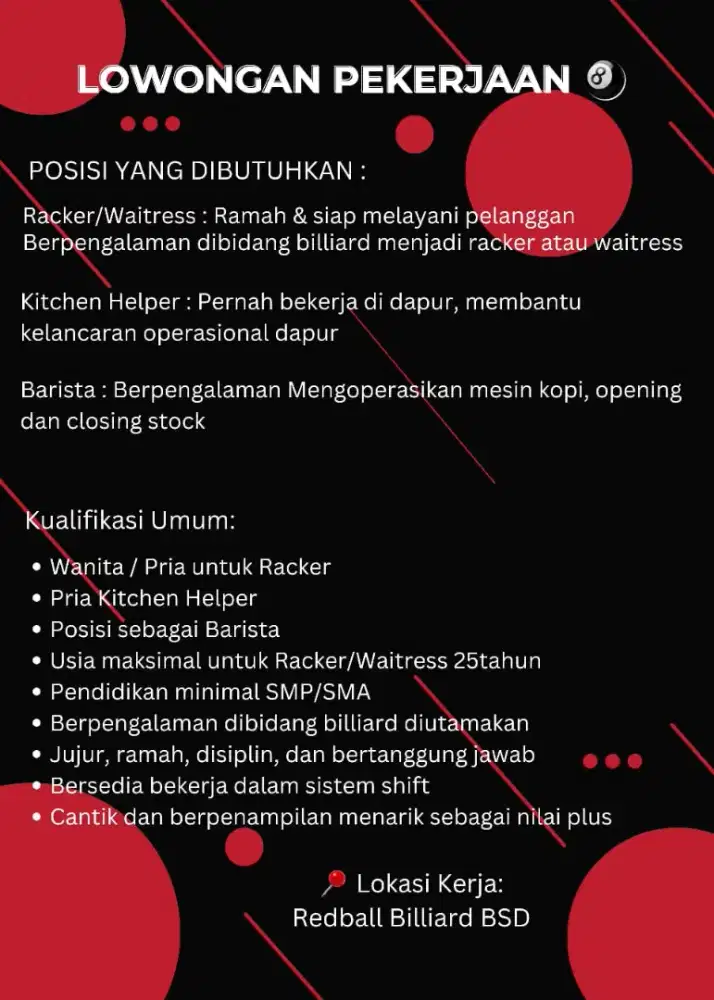 Dibutuhkan barista, cook, dan racker, Admin