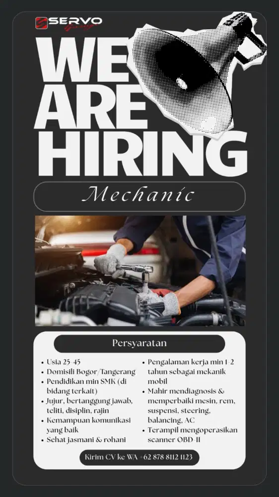 Dibutuhkan MEKANIK MOBIL handal paham mesin,overhaul,matic,dll