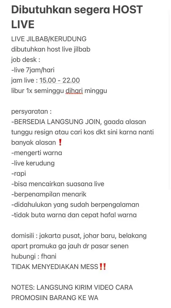 DIBUTUHKAN SEGERA HOST LIVE KERUDUNG JAKARTA PUSAT