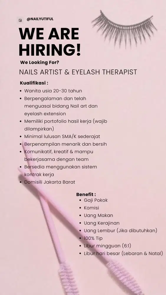 Lowongan Pekerjaan Nailist & Eyelash Therapist