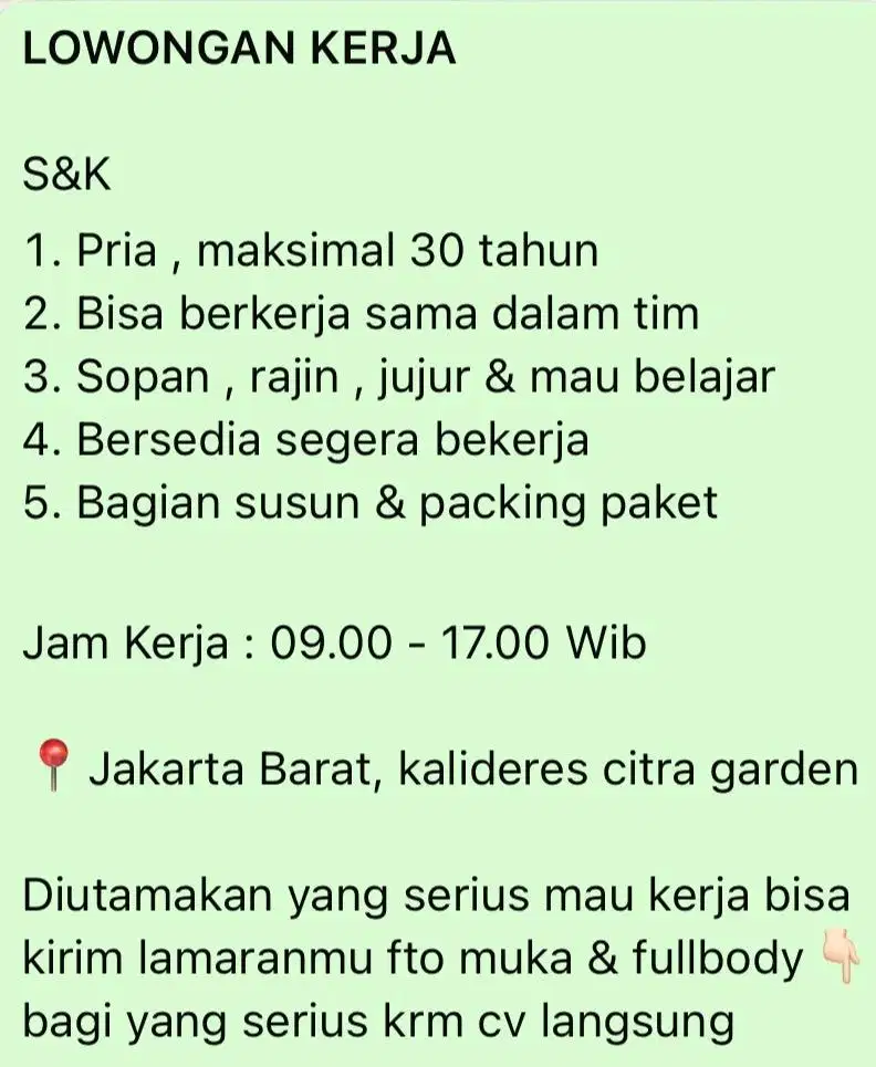 butuh segera pria packing dan susun barang