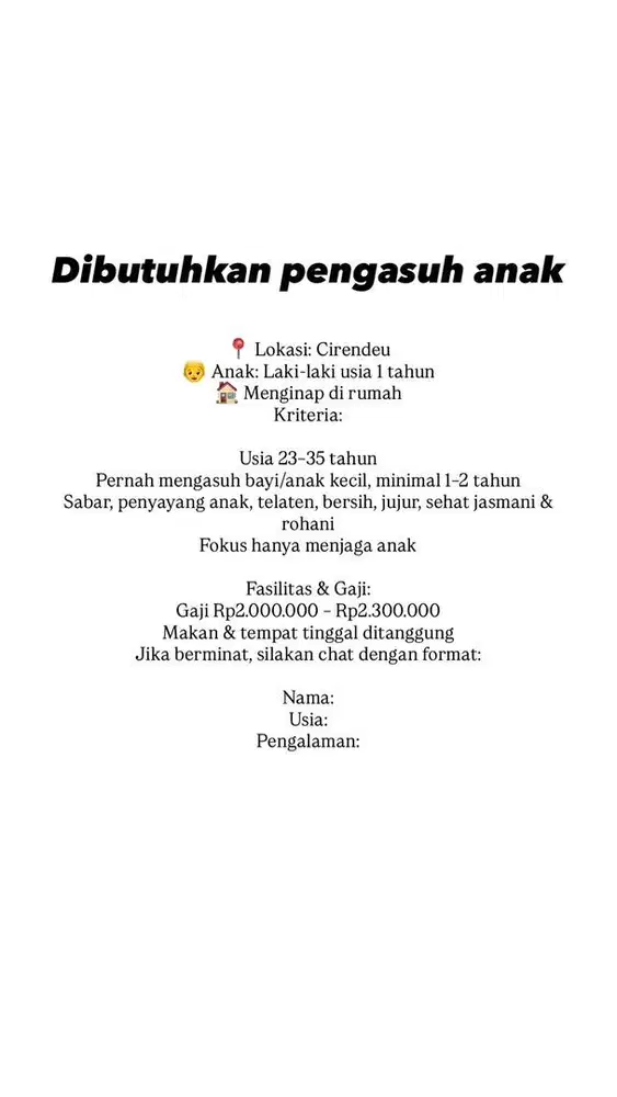 Dicari semi baby sitter jaga anak