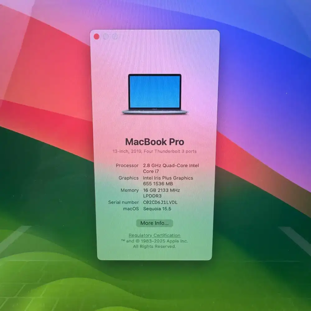 Macbook Pro 2019 Touchbar Ram 16 Ssd 512 Core I7 Layar 13 inch grey