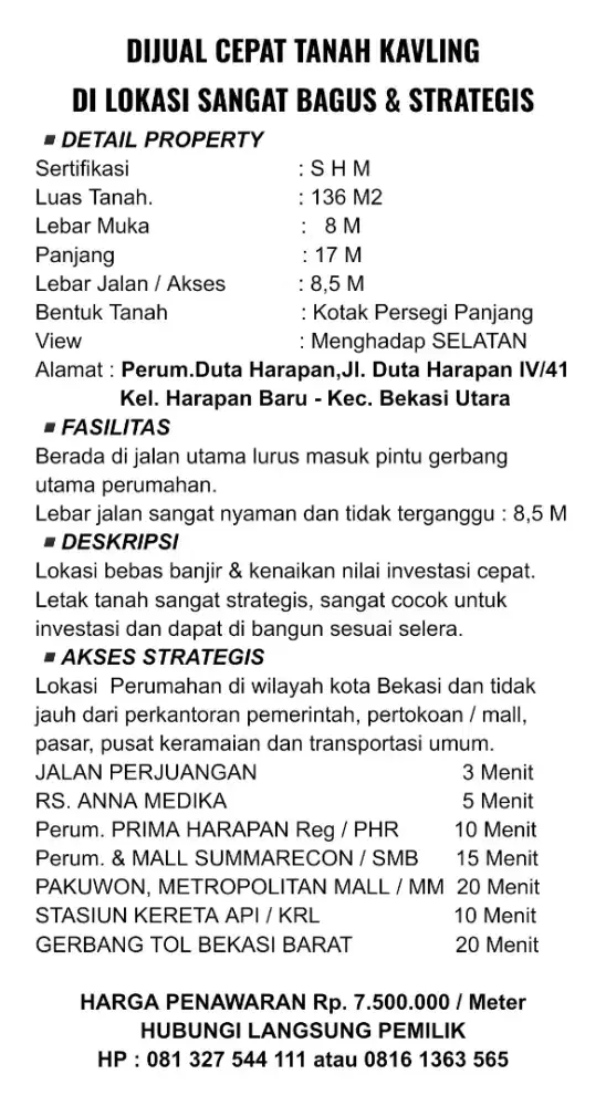 TANAH KAVLING DIJUAL CEPAT