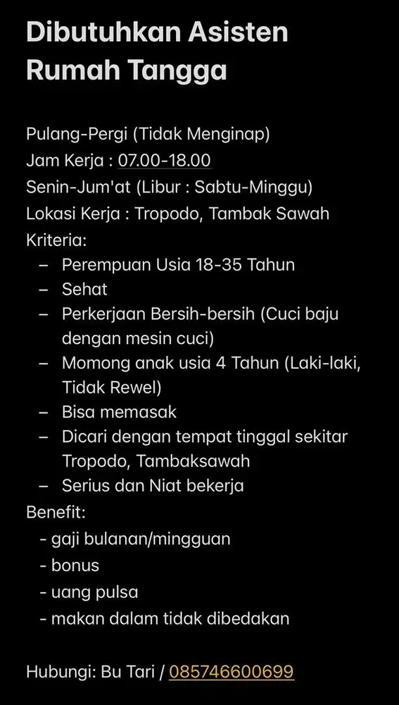 DIBUTUHKAN ASISTEN RUMAH TANGGA