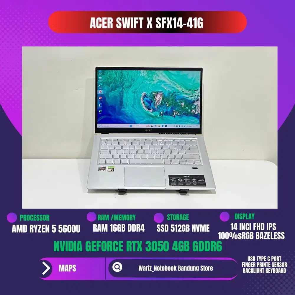 ACER SWIFT X SF314-41G RYZEN 5 5600U NVIDIA RTX 3050 RAM 16/512GB