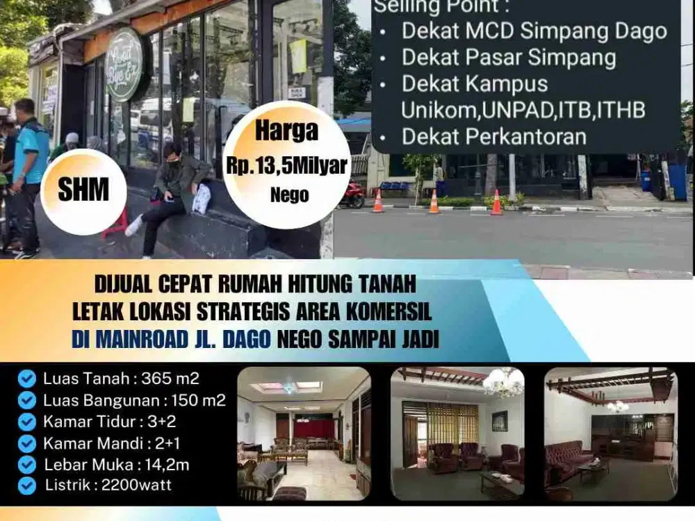 Dijual cepat rumah hitung tanah
Letak lokasi strategis area komersil 
di Mainroad jl. Dago nego sampai jadi