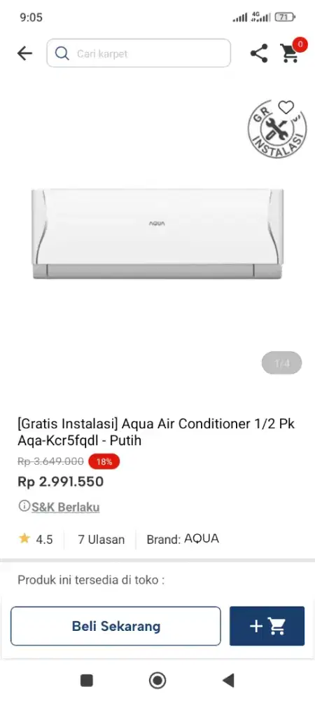 AC aqua 1/2pk gratis pemasangan