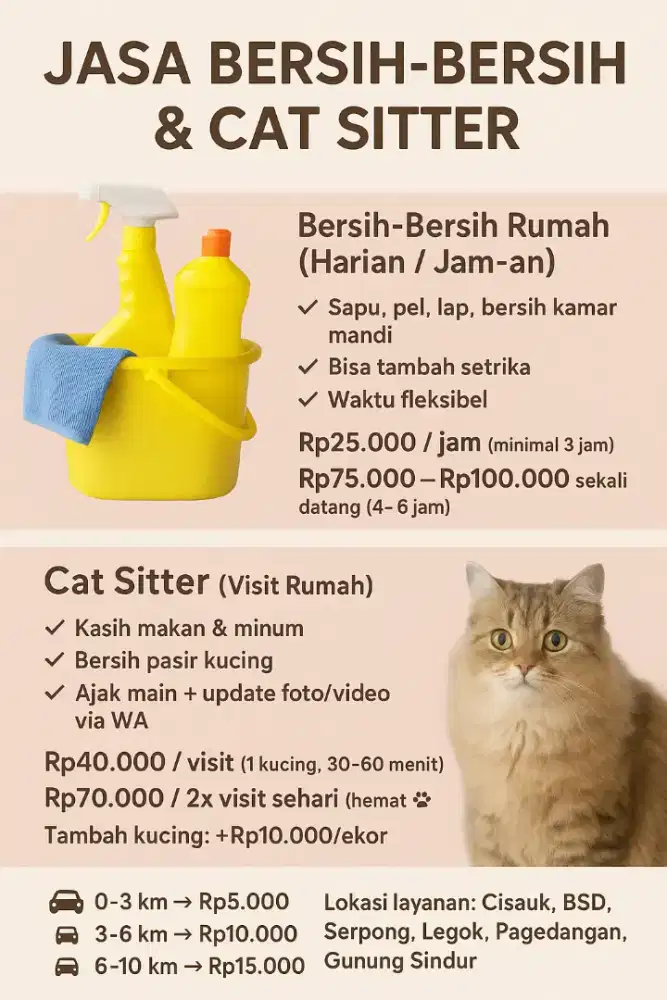 Jasa Bersih-Bersih Rumah & Cat Sitter – Cisauk, BSD, Serpong