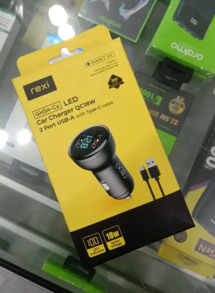 GH54CX Cas Mobil+ LED Rexi QC 18W Output Ganda dengan Kabel Tipe-C