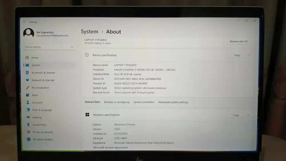 laptop hp envy 13 core i7 ram 16gb ssd 256gb