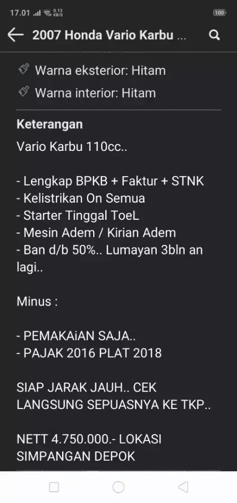 Vario Karbu 110cc Lengkap BPKB + STNK + Faktur