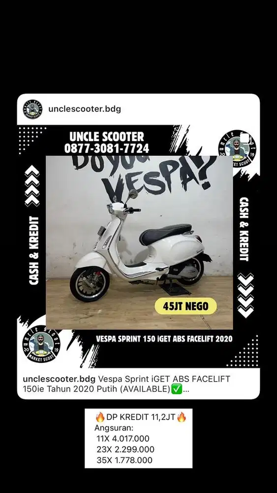 Vespa Sprint iGET ABS FACELIFT 150ie Tahun 2020 Putih