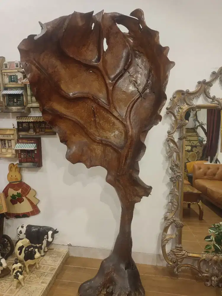Pajangan Artwork Ukiran Kayu Jati Asli Ukiran Daun Besar Astetik