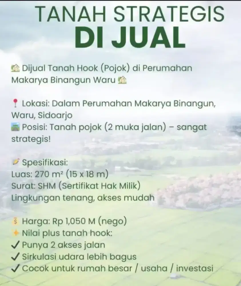 Dijual tanah di dalam perumahan Makarya Binangun Waru Sidoarjo