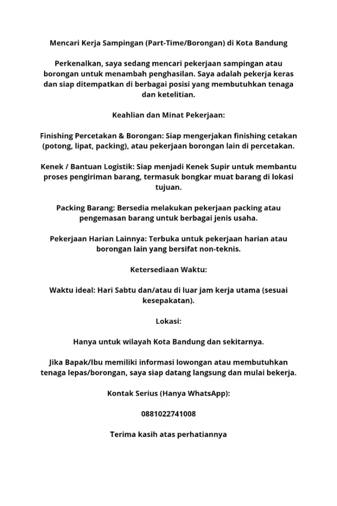 Saya Sedang cari kerja sampingan kenek kirim bongkar muat barang