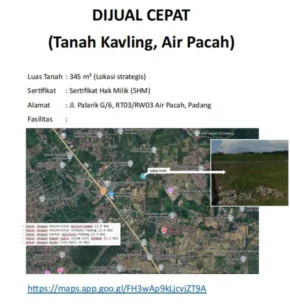 TANAH KAVLING_STRATEGIS_AIR PACAH_PADANG