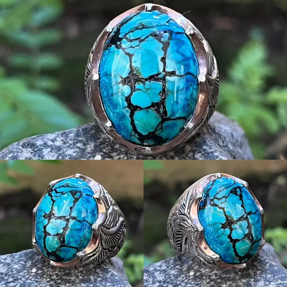 Cincin Natural Turquoise Phyrus Pirus Hubei Biru Gradasi Ceplok