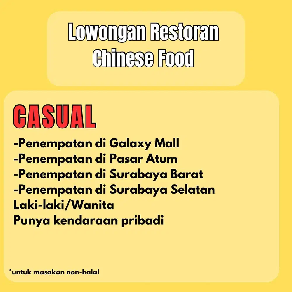 LOWONGAN RESTORAN CHINESE FOOD