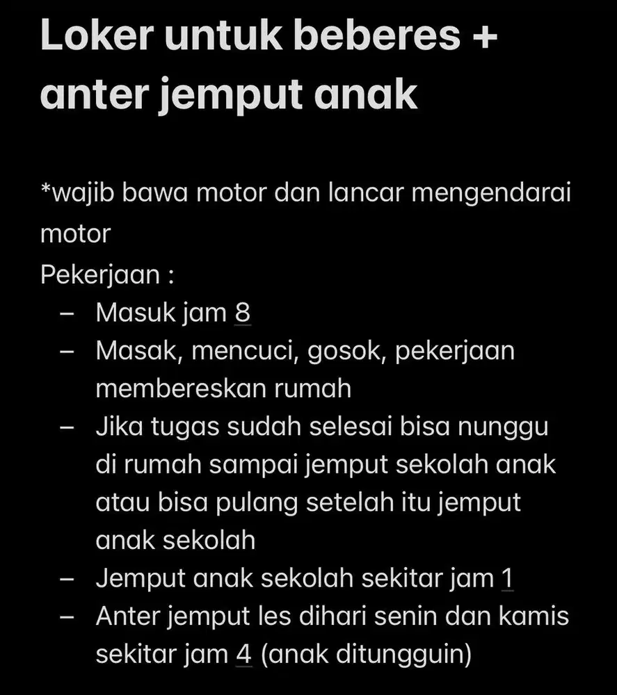 Loker beberes + antar jemput anak