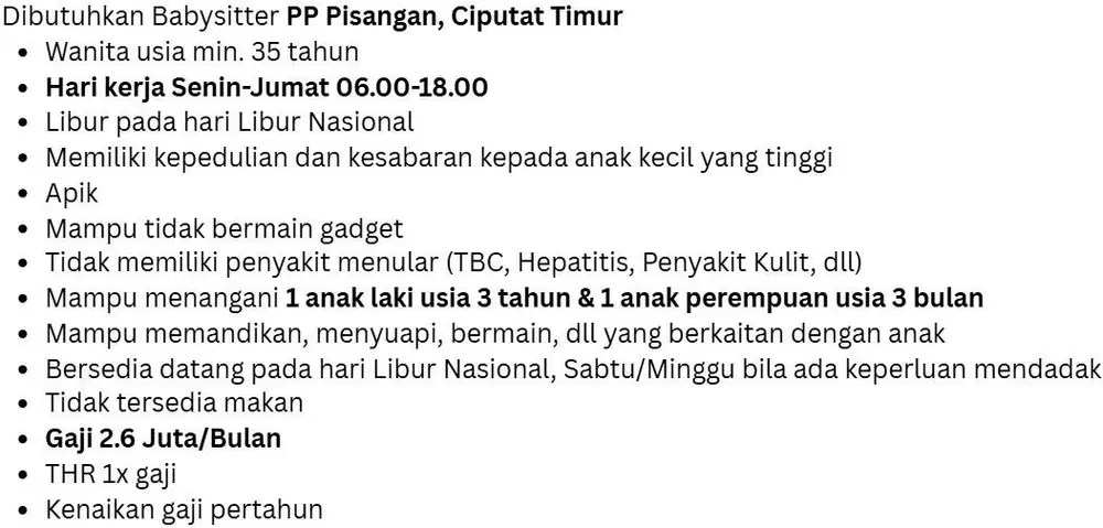 Dibutuhkan Babysitter PP Pisangan, Ciputat Timur