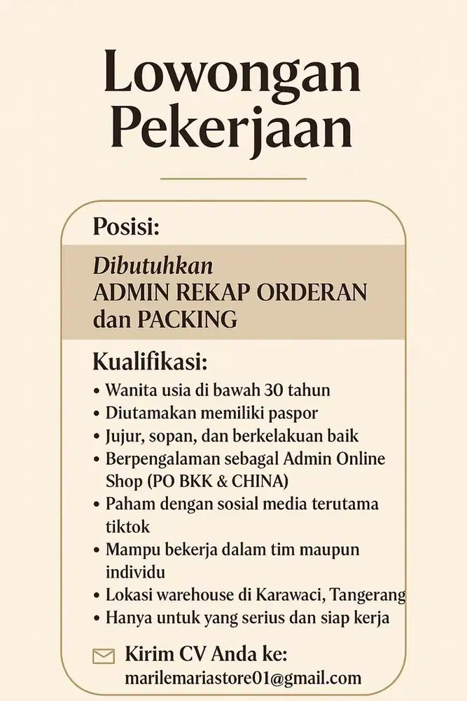 LOKER ADMIN ORDERAN DAN PACKINGAN