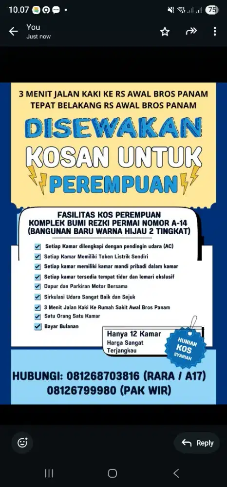 Kamar Kos Syariah Khusus Perempuan