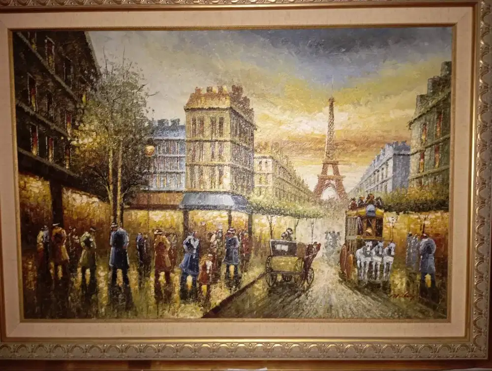 Lukisan Paris bingkai kayu.