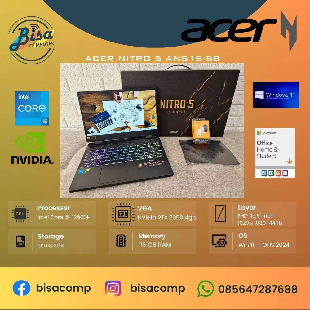 Acer Nitro 5 AN515-58 Core i5 12th Gen SSD 512gb Ram 16gb 15,6inchFHD