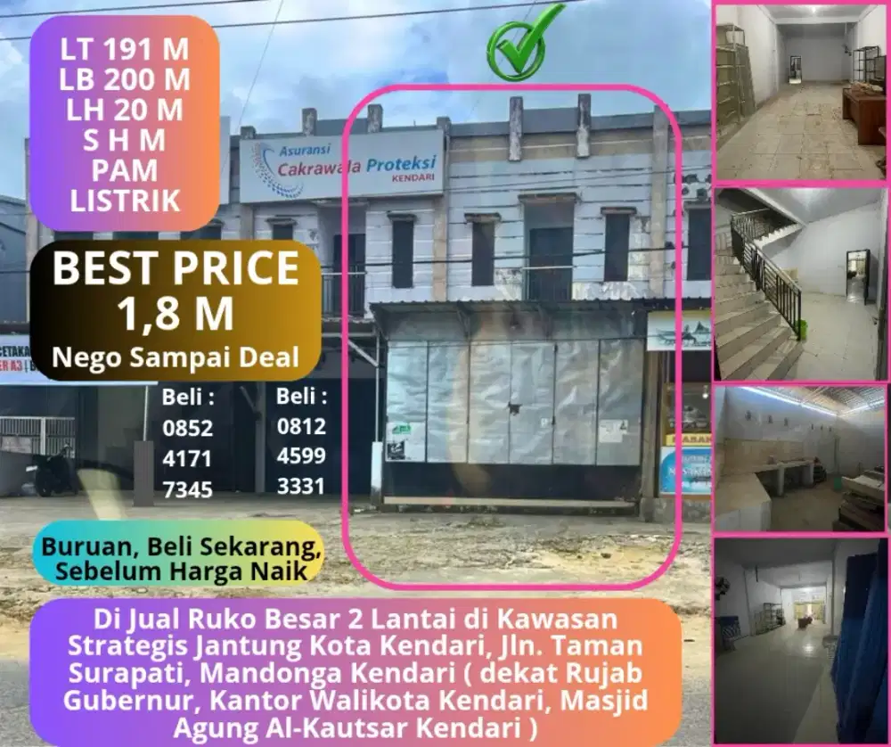 Ruko 2 lt 200 m Jual Cepat Termurah, Jl. Taman Surapati No.17 Mandonga