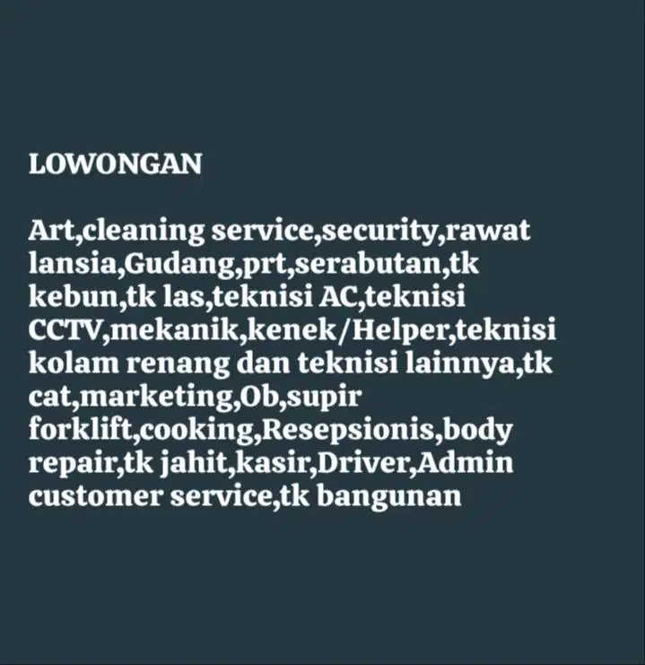 Lowongan:Art,Ob,Babysister,security,Driver