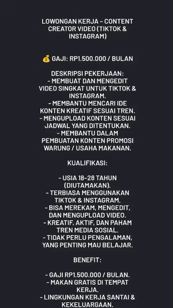 DI CARI CONTENT CREATOR UNTUK VIDIO DI TIKTOK DAN INSTAGRAM