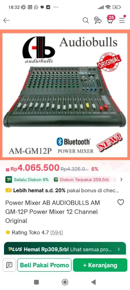 Power Mixer 12 Channel 1300W Audiobulls AM-GM12P + 4 speaker pasif 12