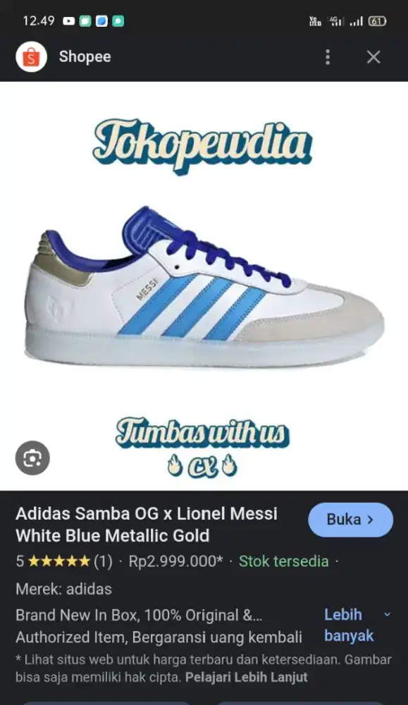 Sepatu Adidas samba OG x Lionel Messi white blue Metallic Gold